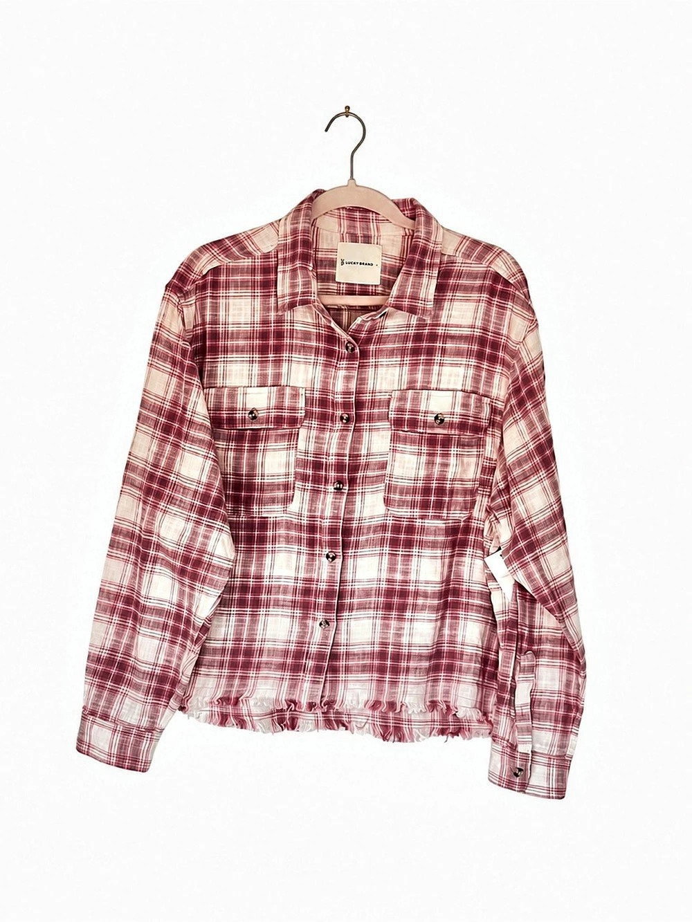 Lucky Brand Women’s L Plaid Shirt Pink Cream Raw Frayed Hem 100% Cotton NWT